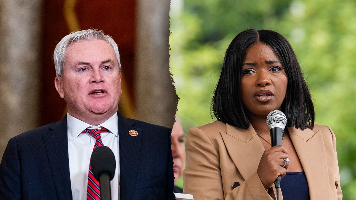 A split image of James Comer of Kentucky and Jasmine Crockett of Texas