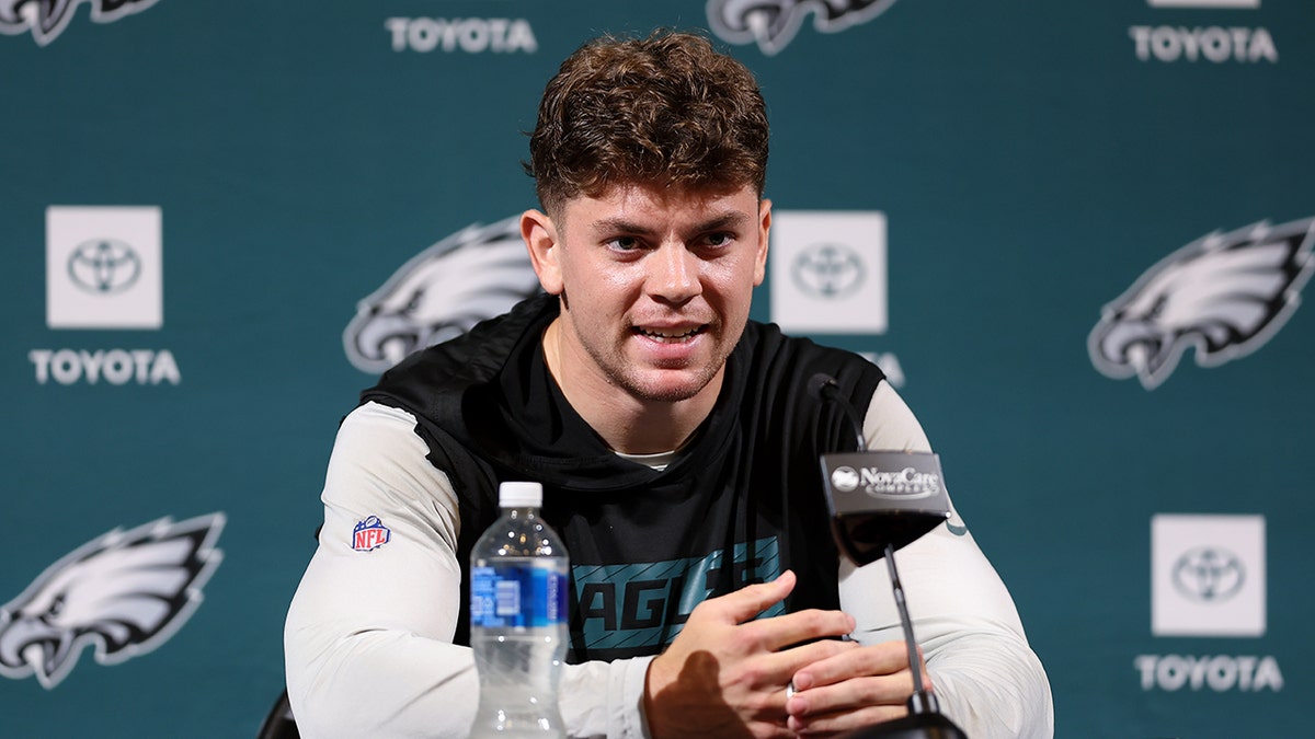 Cooper DeJean speaks to reporters during press conference