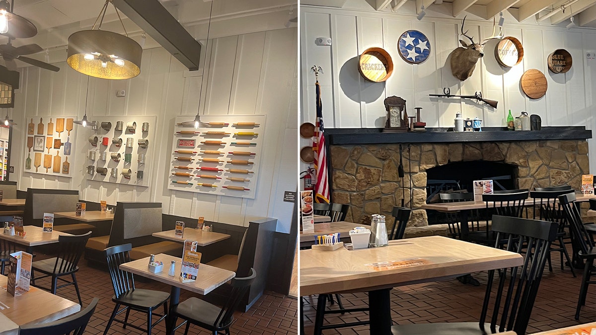 A Cracker Barrel appears more illuminated and has different decor on the walls after a remodel.