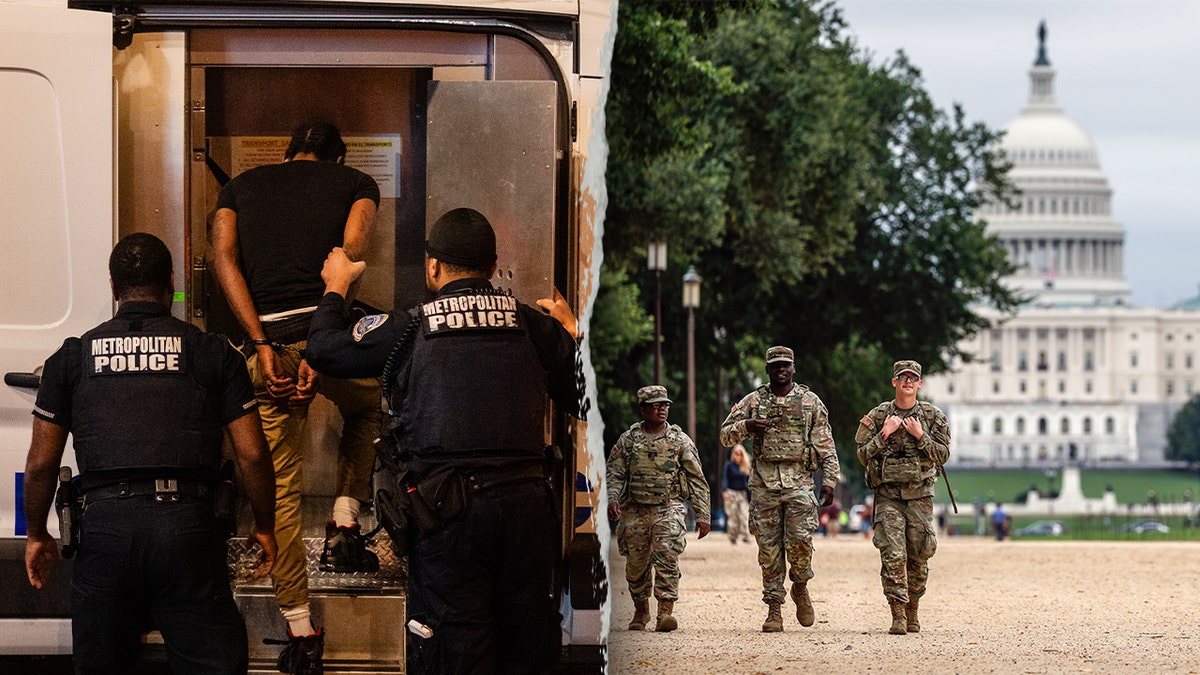Composite photo of Metropolitan Police officers arresting a suspect and National Guard troops patrolling near the U.S. Capitol in Washington, D.C