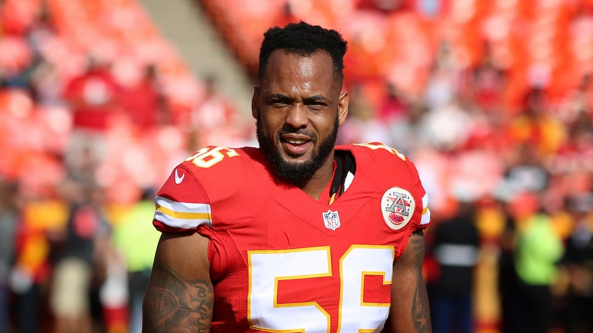 Former Kansas City Chiefs inside linebacker Derrick Johnson (56) before a week 9 NFL game between the Jacksonville Jaguars and Kansas City Chiefs on November 06, 2016 at Arrowhead Stadium in Kansas City, MO.