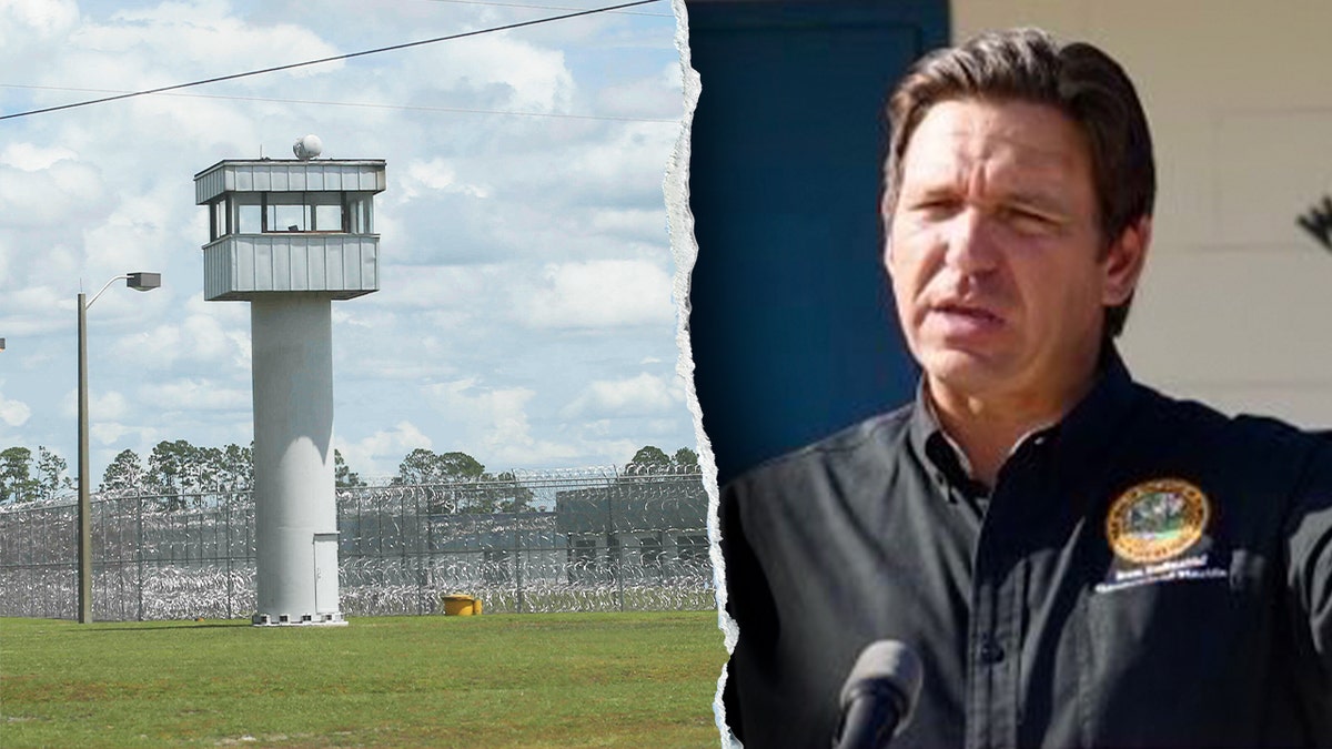 Florida Gov. Ron DeSantis speaking and Baker Correctional Institution