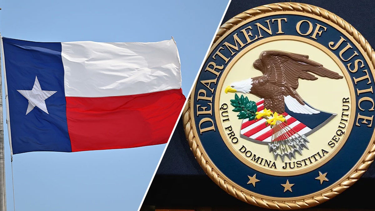 Texas state flag, left; DOJ logo, right