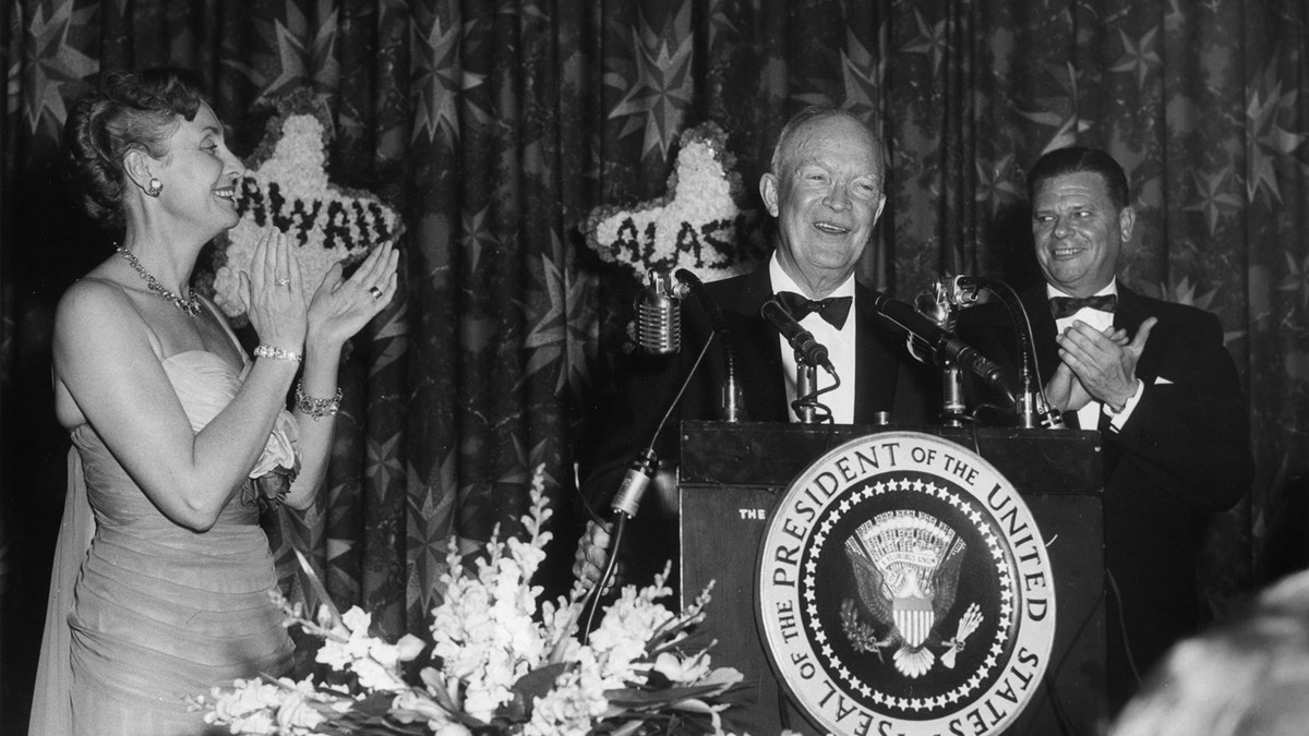 President Dwight D. Eisenhower speaks at a function celebrating Alaskan and Hawaiian statehood.