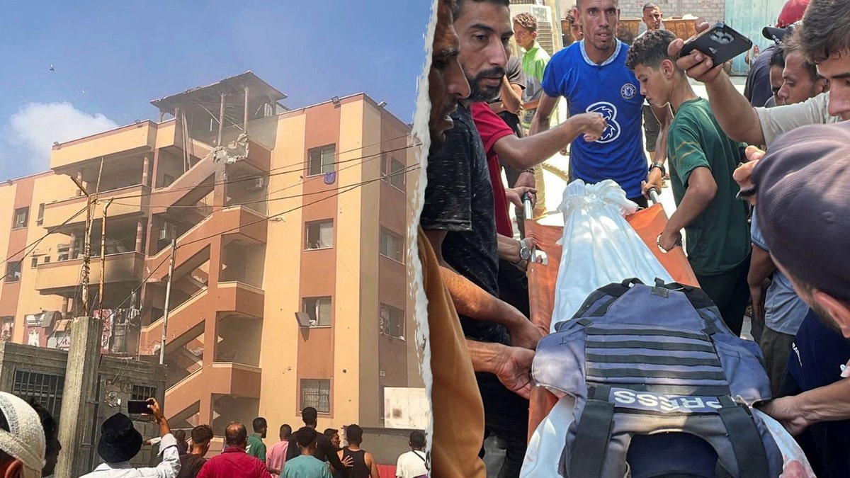 The composite photo shows damage to the Nasser hospital and the Palestinians carrying the body of a journalist.