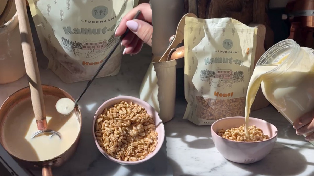 Split image of Lizi making cereal from scratch