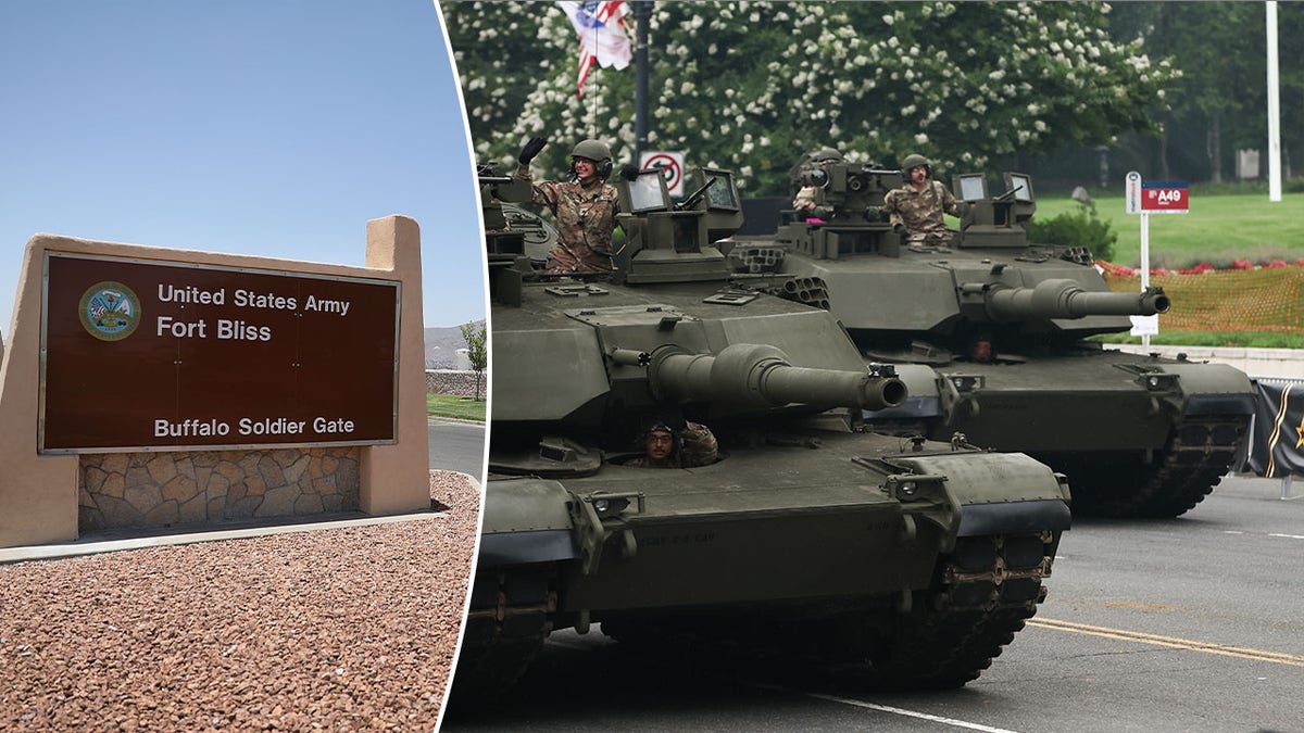 The entrance to Fort Bliss and an M1A2 Abrams tank