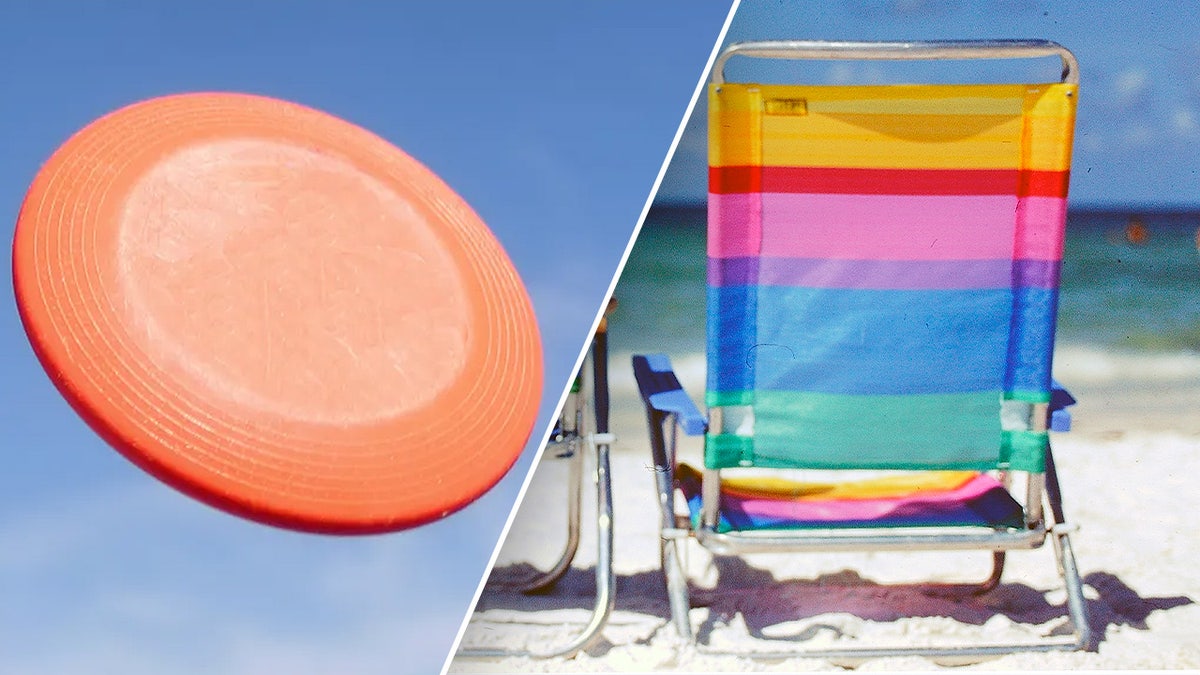 A frisbee and a beach chair in a split image