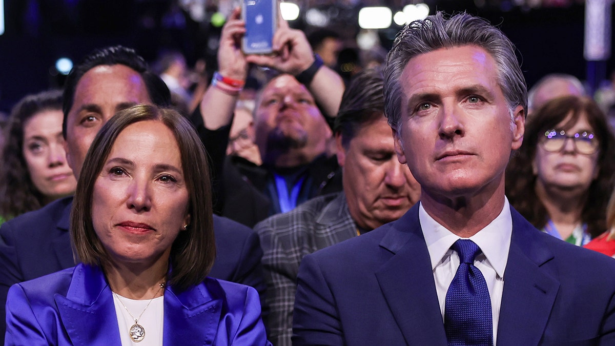 California Gov. Gavin Newsom and Lt. Gov. Eleni Kounalakis at the Democratic National Convention in Illinois 2024
