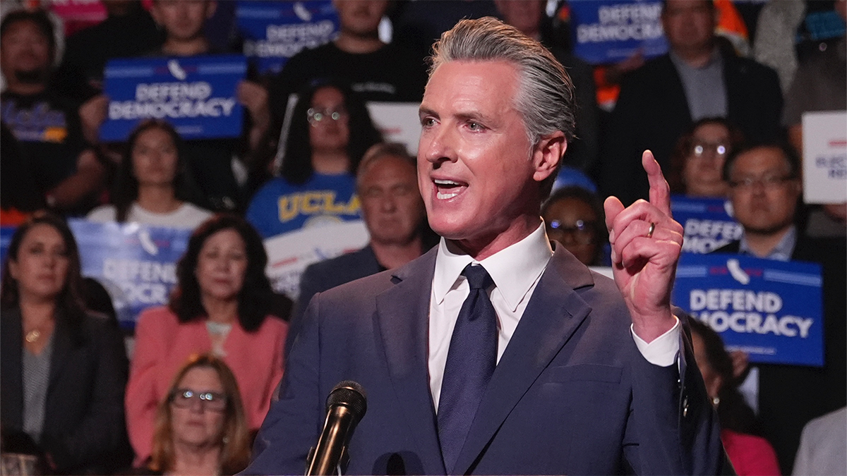 California Governor Gavin Newsom speaks at Congressional re-division event