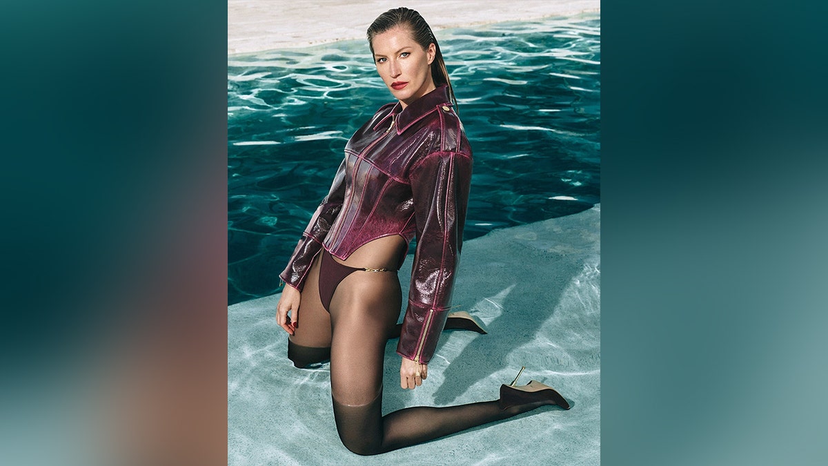 Gisele Bundchen wore underwear, tights and a red leather jacket while posing for an ad campaign in August 2025.