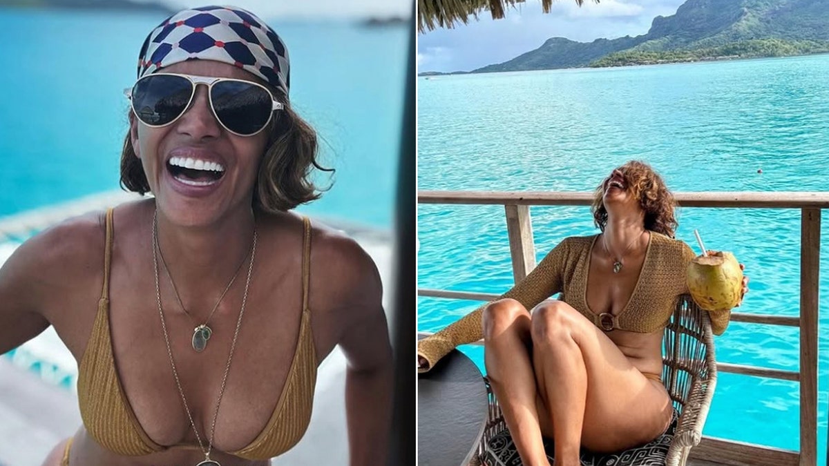 A split of Halle Berry laughing while wearing a gold bikini.
