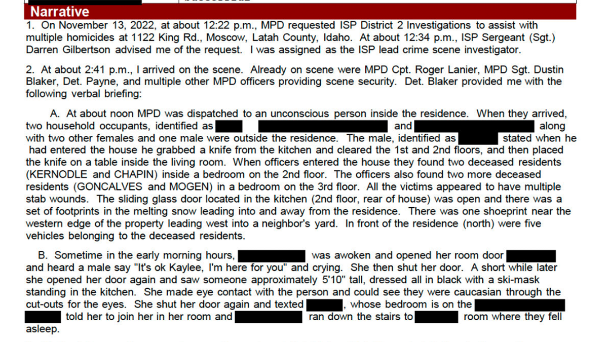 A screenshot image of page 91 of the Idaho State Police documents regarding the Bryan Kohberger investigation, which mentions that a surviving roommate said she overheard Kohberger say the name of victim Kaylee Goncalves