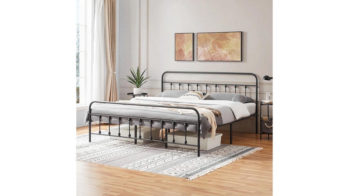 Made from durable metal, this bed frame provides plenty of room for storage underneath. 