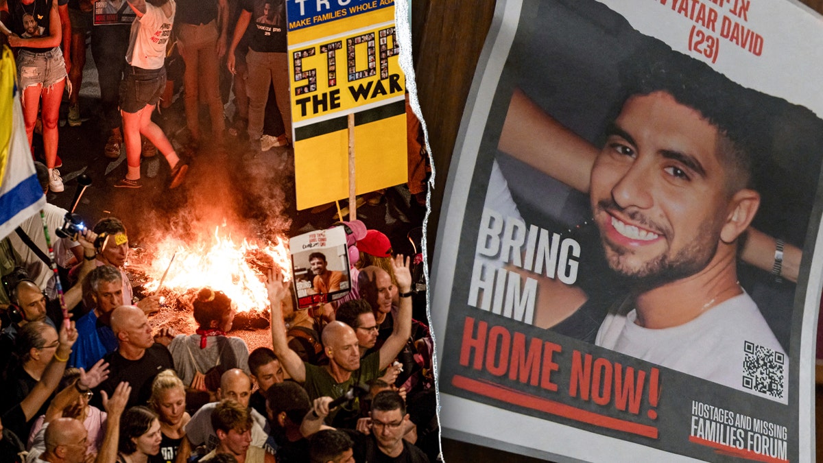 Israel hostage release rally and Evyatar David missing poster