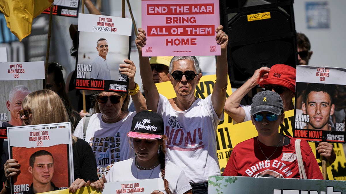 Relatives and supporters of Israeli hostages held in the Gaza Strip attend a protest demanding their release from Hamas captivity and calling for an end to the war.