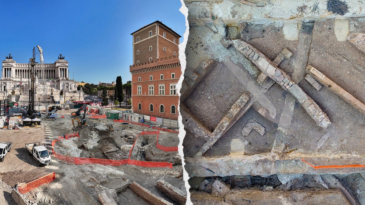 Split image of aerial of Piazza Venezia, excavation site with ancient stones