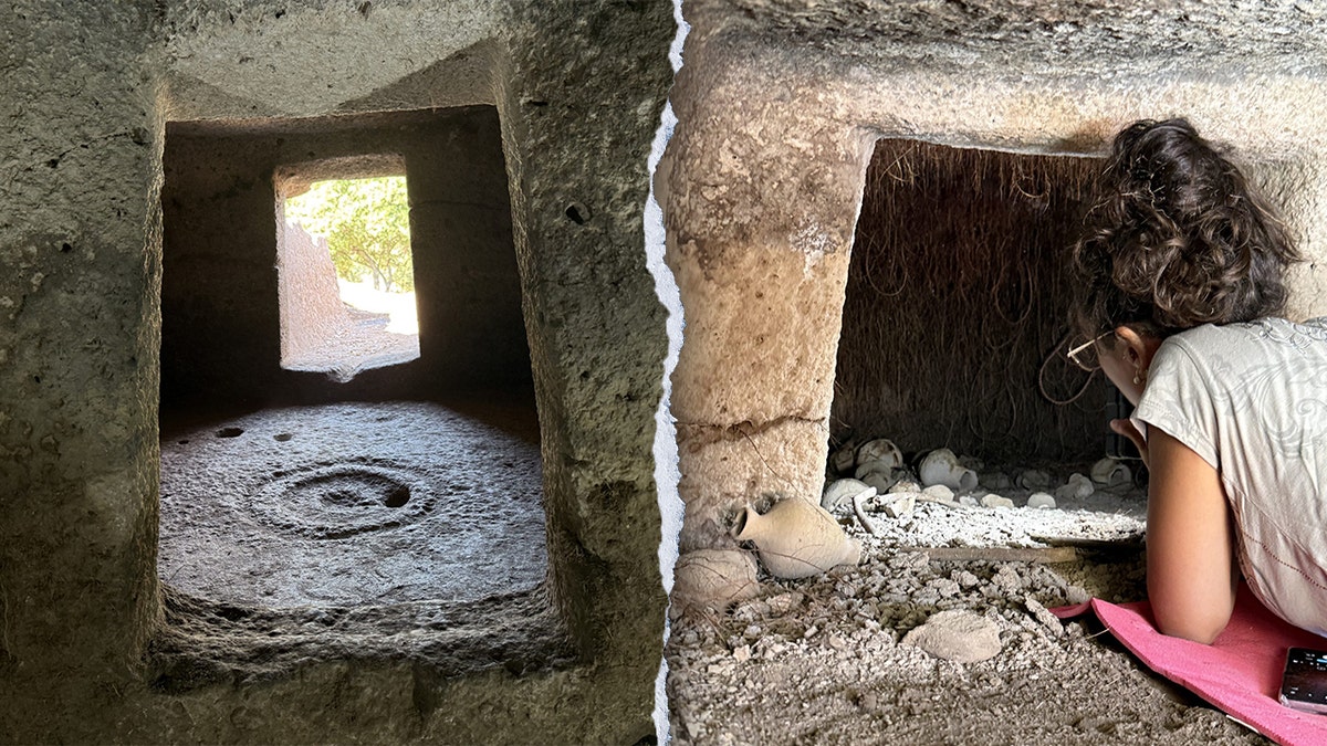 Split image of house from inside, archaeologist brushing dirt