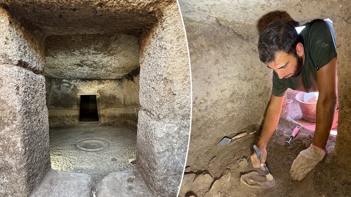 Split image of male archaeologist digging, inside of "fairy house"
