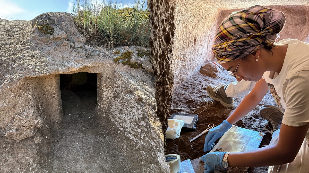Split image of outside of house, archaeologist working