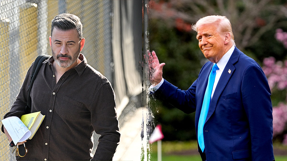 Jimmy Kimmel walking and Donald Trump waving
