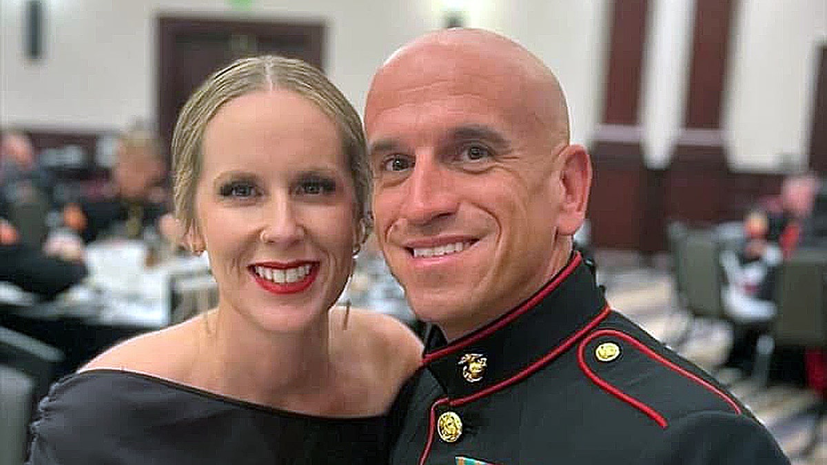 Marine couple Jon and Sarah Ogasian at formal Marine Corps ball
