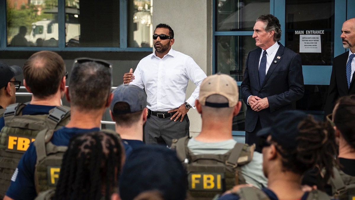 FBI Director Kash Parel speaking to law enforcement in Washington.