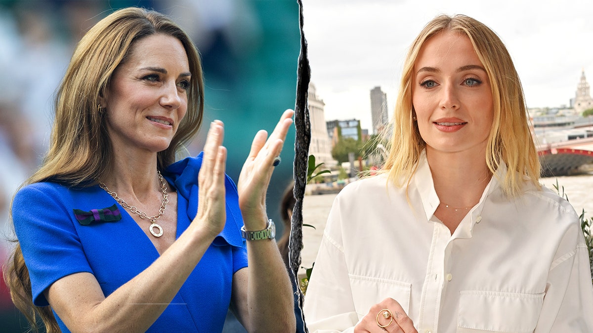 Split photo of Catherine, Princess of Wales at Wimbledon; Sophie Turner raising a spritz at a London event.
