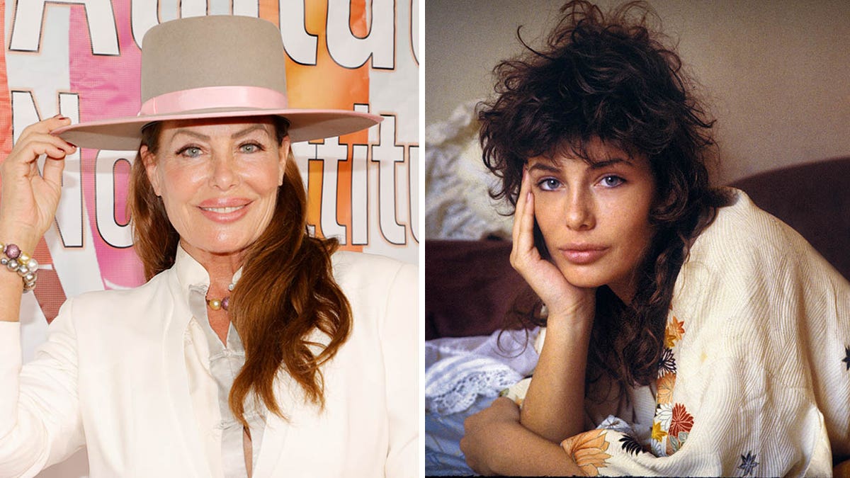 A split of Kelly LeBrock posing on a red carpet in 2021 and lying on a bed in a stock photo in 1982.