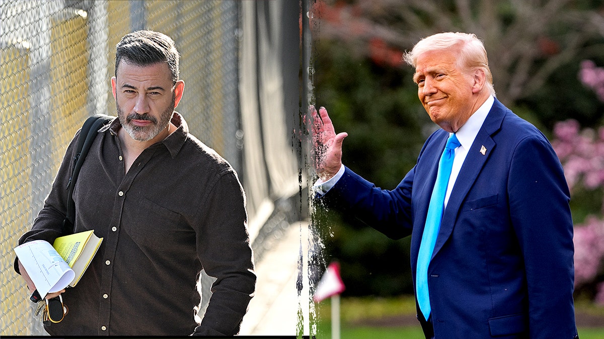Jimmy Kimmel walks and Donald Trump waves