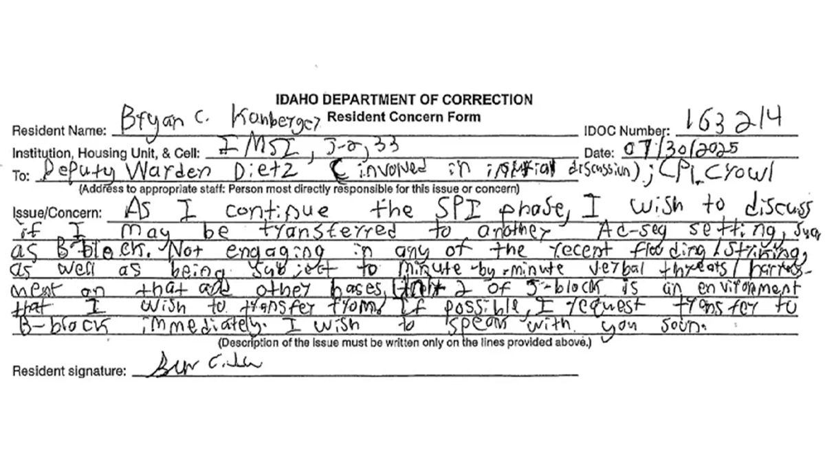 A handwritten complaint from Bryan Kohberger about his housing situation.