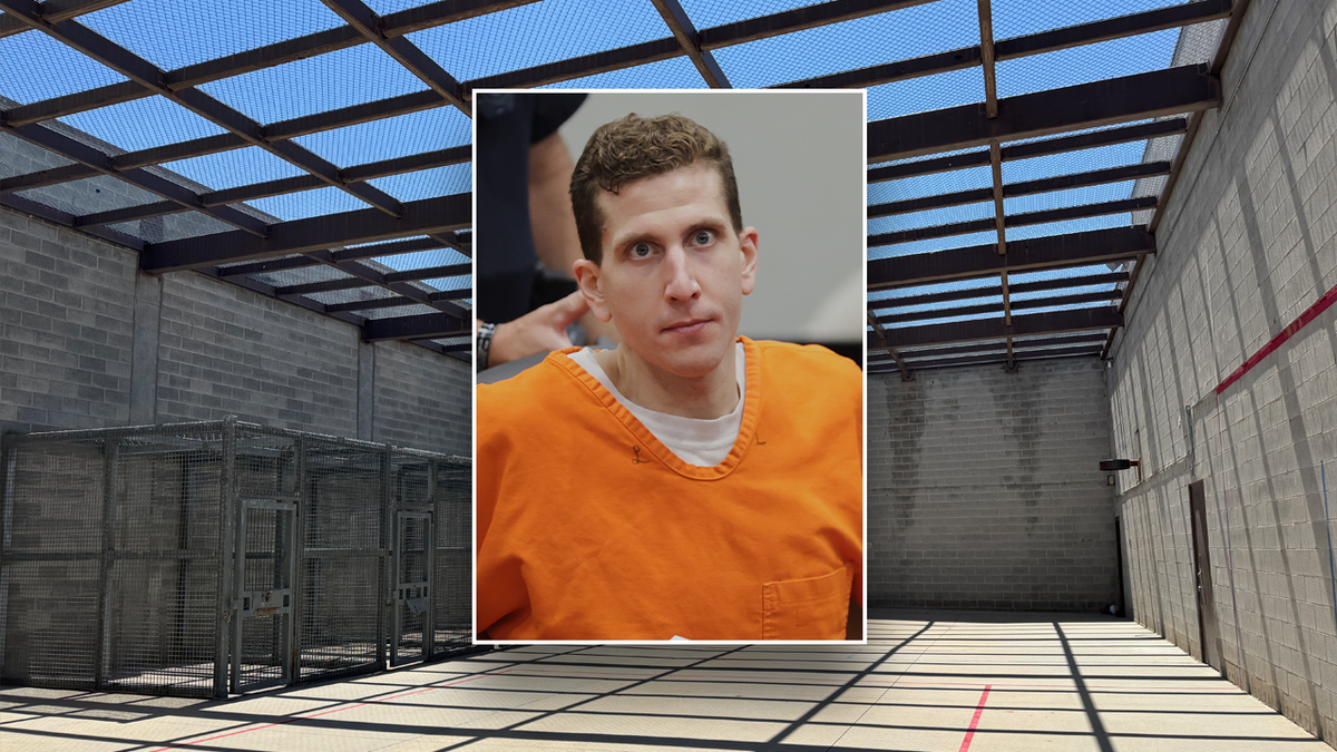 Bryan Kohberger, inset, wearing a jail jumpsuit in court for his sentencing. The background shows the rec yard at the state prison where he is expected to spend the rest of his life, with no chance for parole.