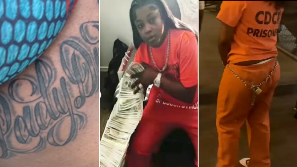 split photo of lady duck holding row of cash, lady duck moniker tattoo, and woman in prison attire