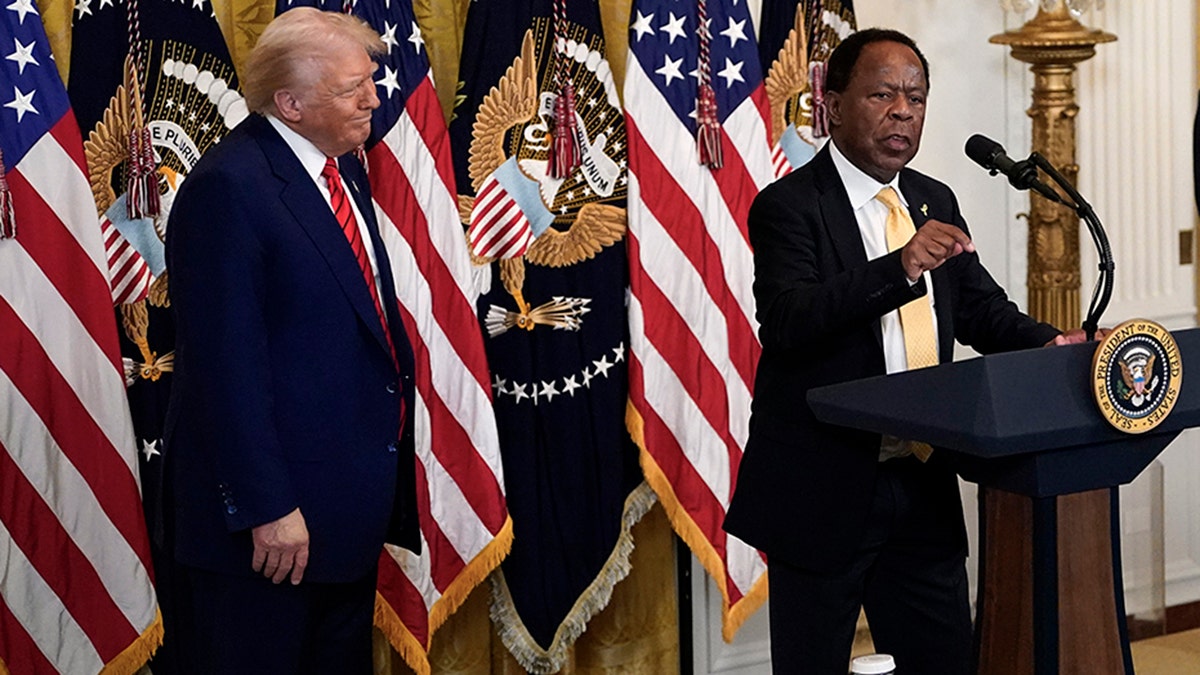 Leo Terrell, chairman of the DOJ Task Force to Combat Antisemitism speaks during a reception for Black History Month in the East Room of the White House Feb. 20