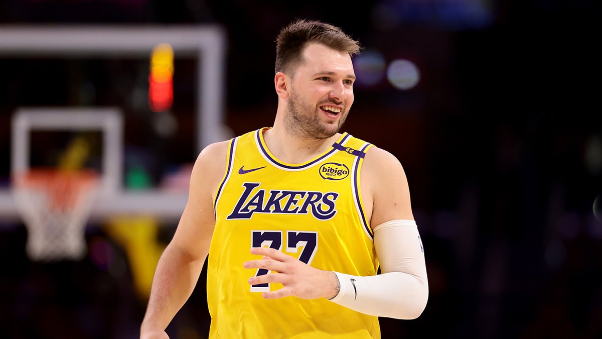 Luka Doncic, #77 of the Los Angeles Lakers, looks on during the third quarter against the Houston Rockets at Crypto.com Arena on April 11, 2025, in Los Angeles, California.