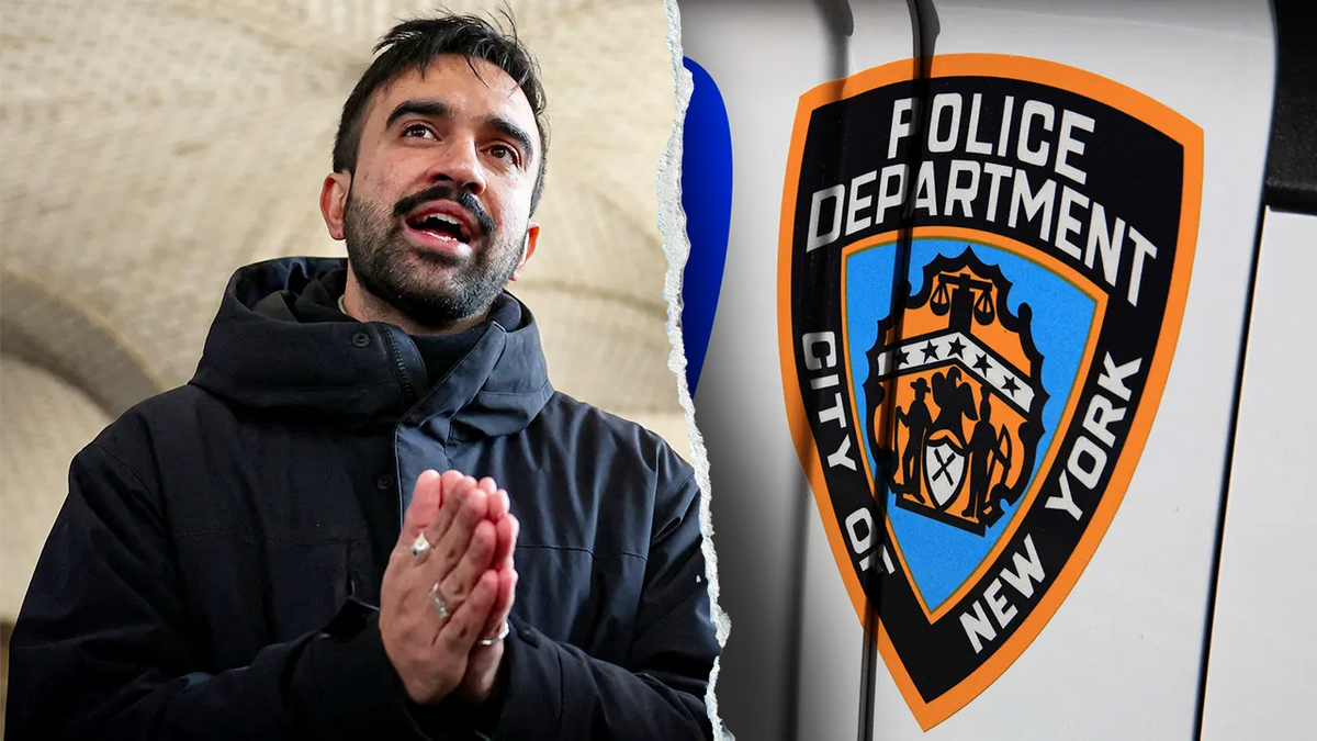 Zohran Mamdani, left; NYPD logo right