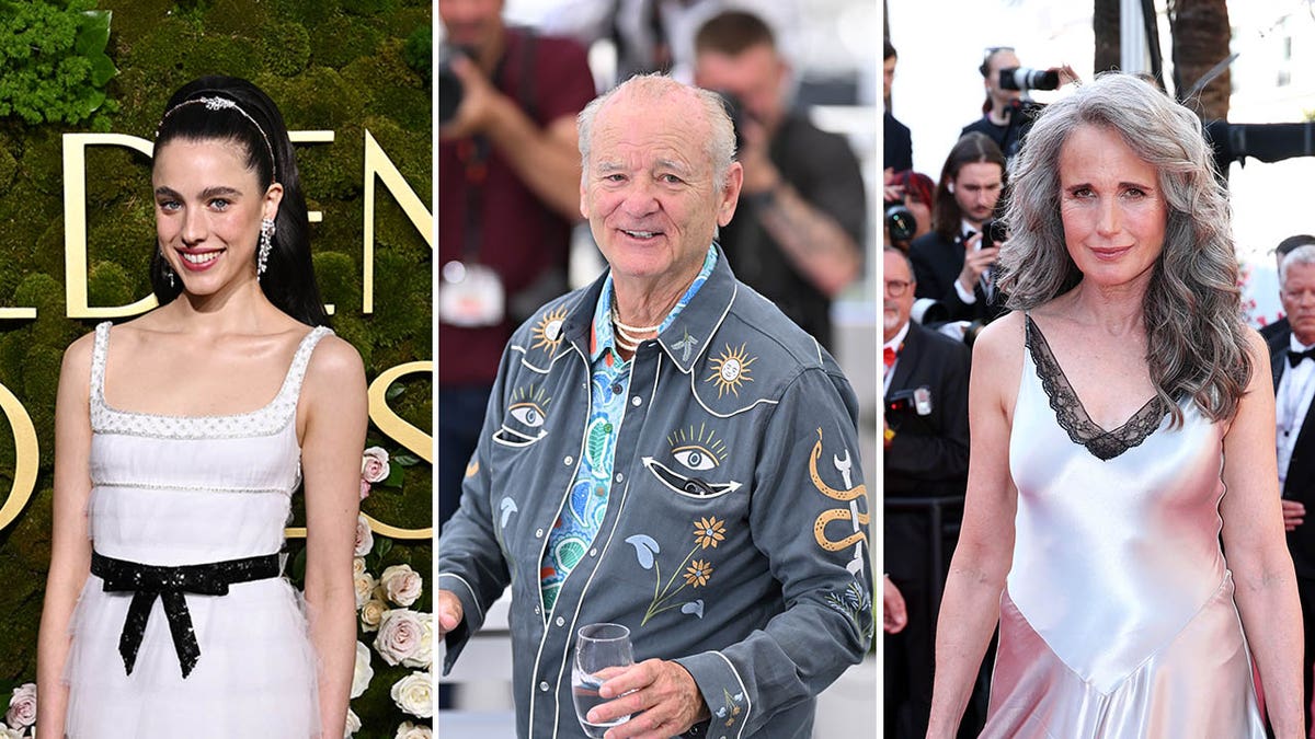 A three-way split of Margaret Qualley, Bill Murray and Andie MacDowell on red carpets. 