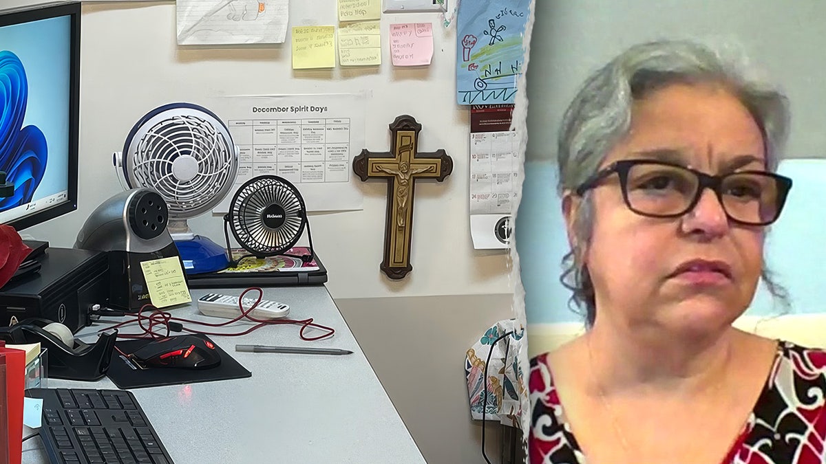 Marisol Arroyo-Castro and an image of her classroom crucifix