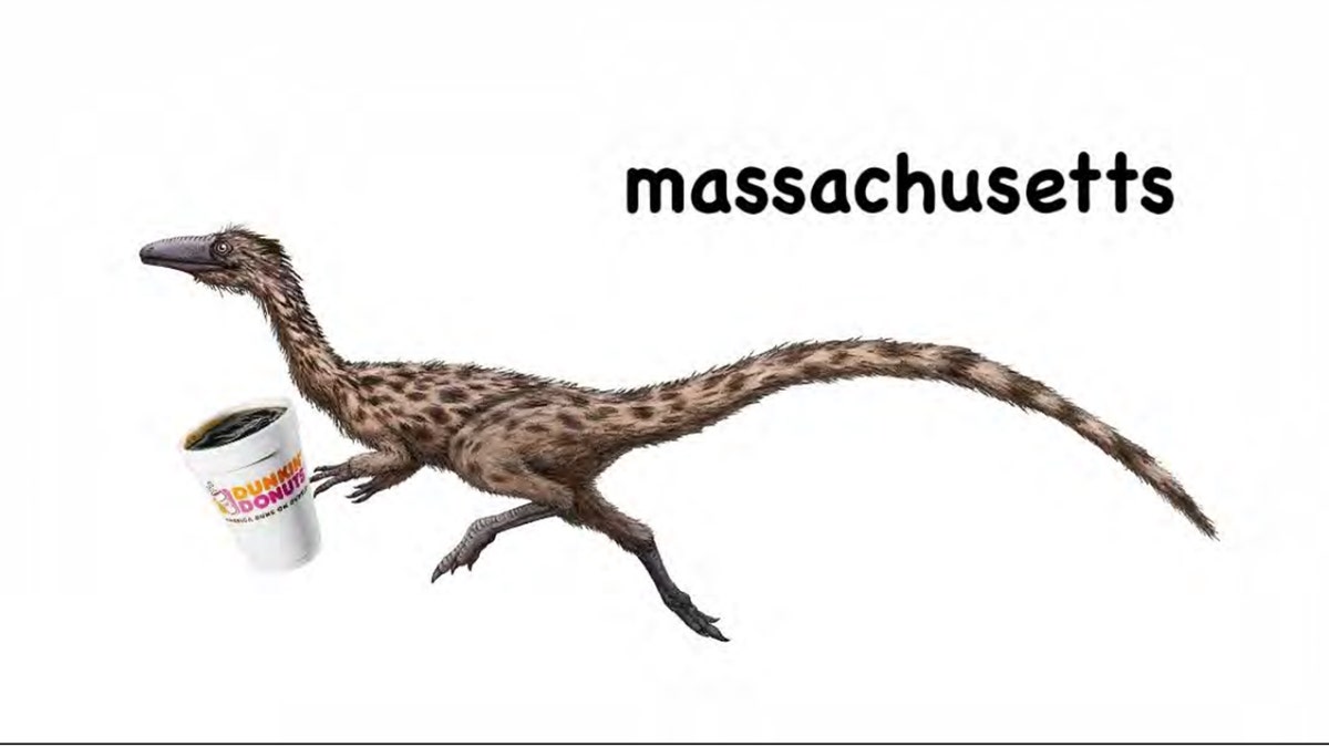 Velociraptor holding Dunkin’ Donuts coffee with