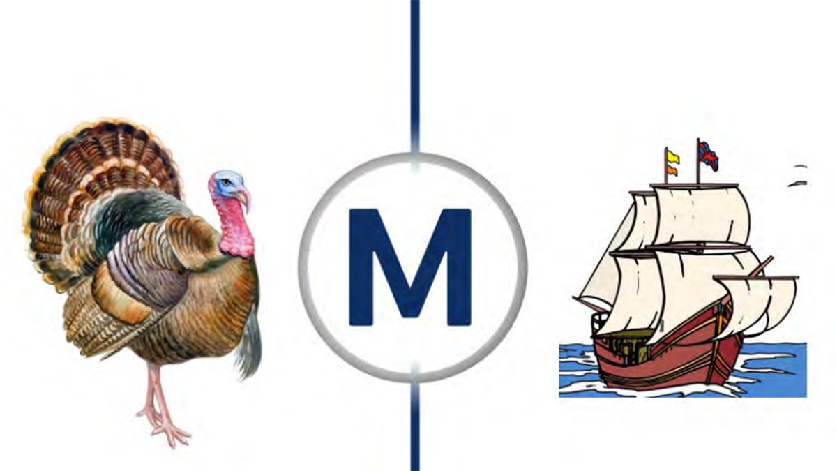 Turkey and Mayflower ship flanking a bold M design.