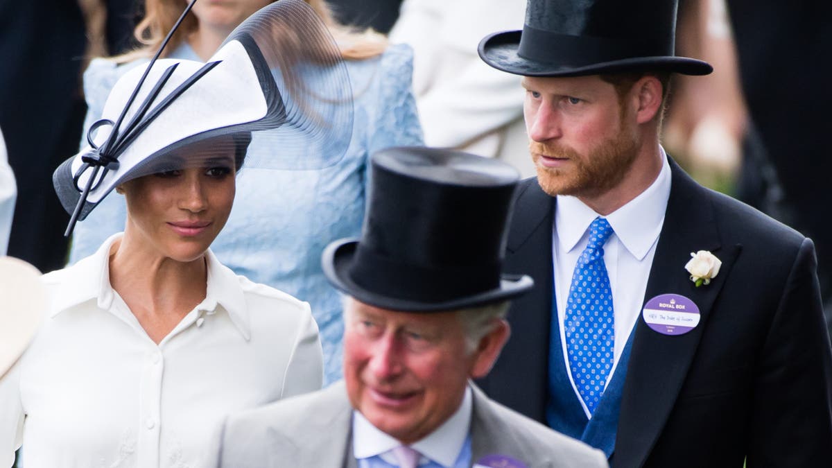 Meghan Markle with Prince Harry and King Charles at Royal Ascot in 2018