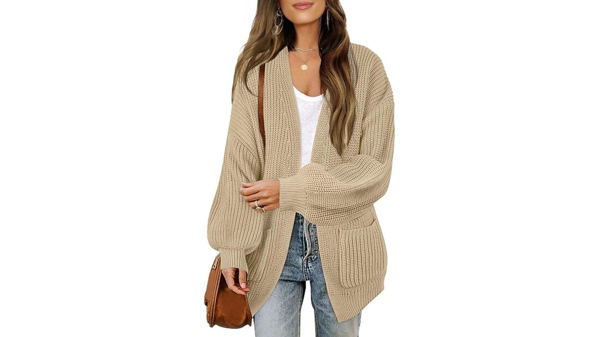 Try the chunky cardigan look for an easy way to dress-up leggings.