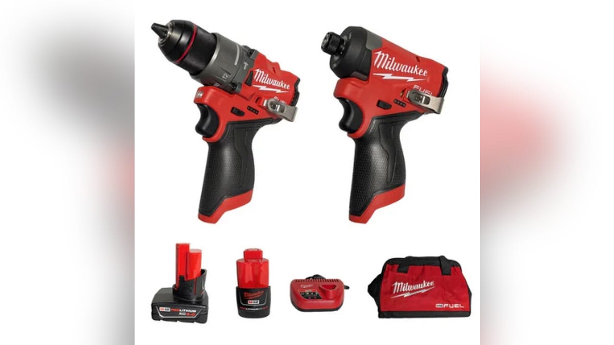 This combo kit comes with an electric hammer drill and impact driver.