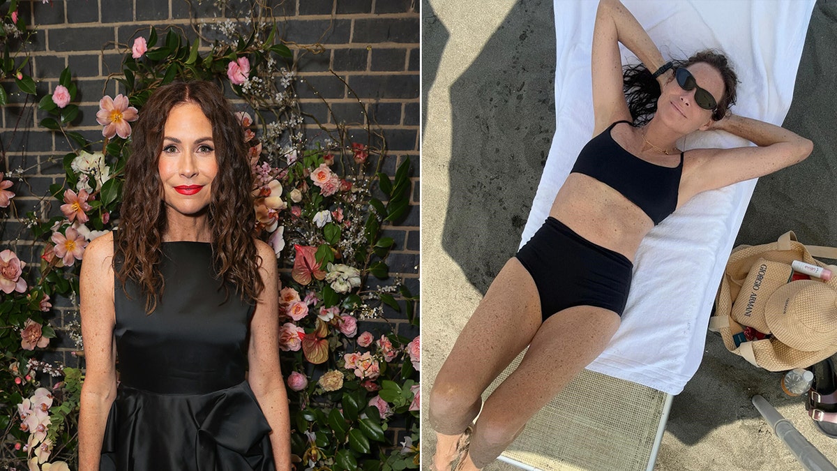 A split of Minnie Driver standing in front of flowers and her lying on a lounge chair in a black bikini.