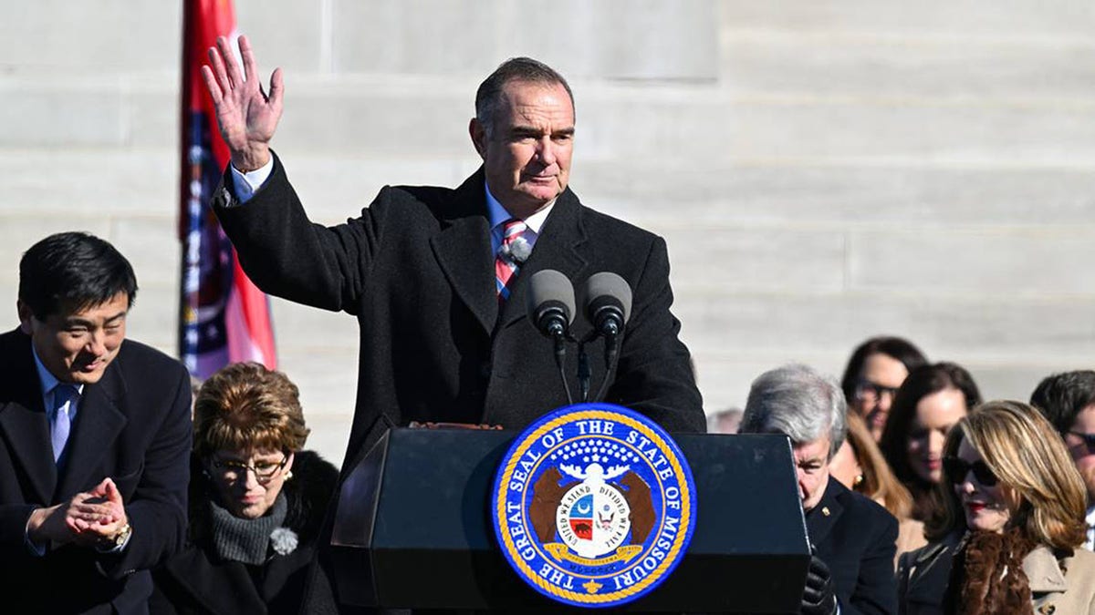 Missouri Gov. Mike Kehoe waves to supporters