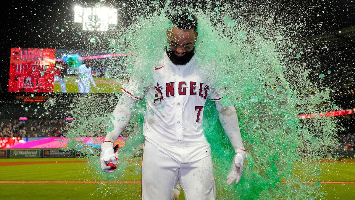 Jo Adell celebrates
