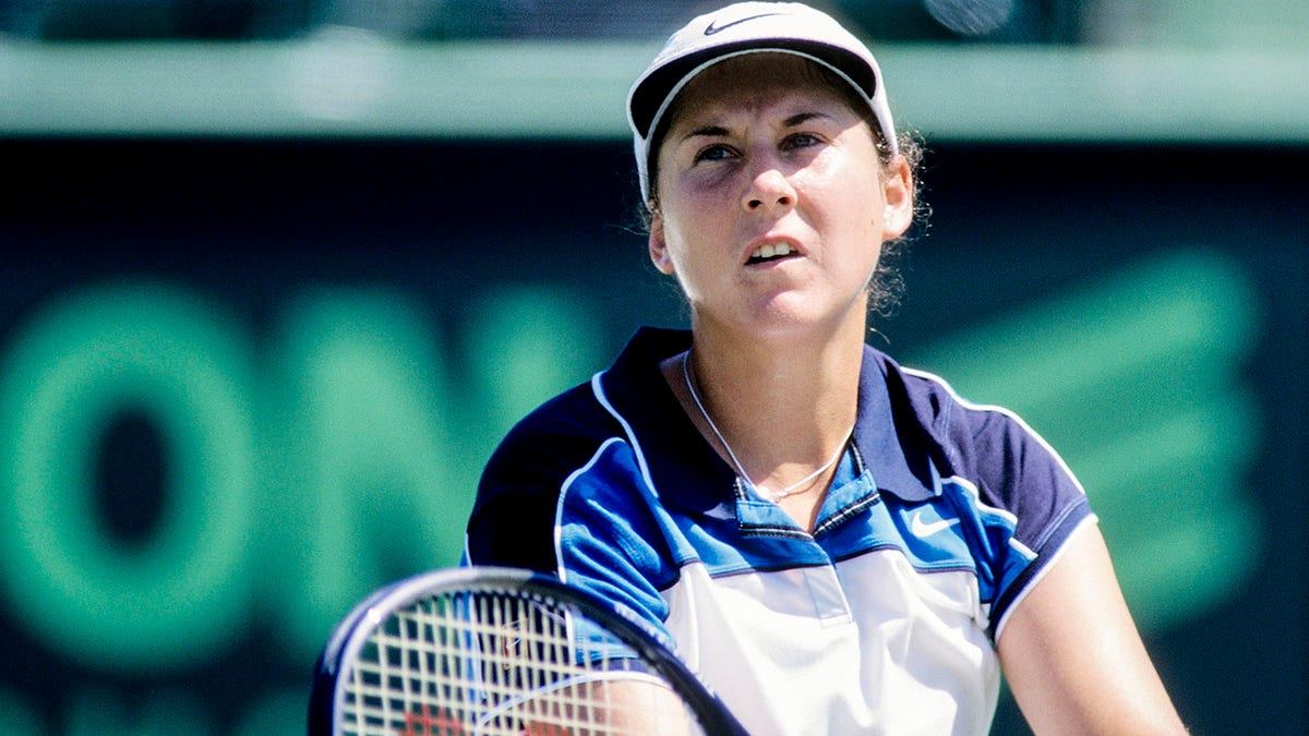 Monica Seles prepares to serve
