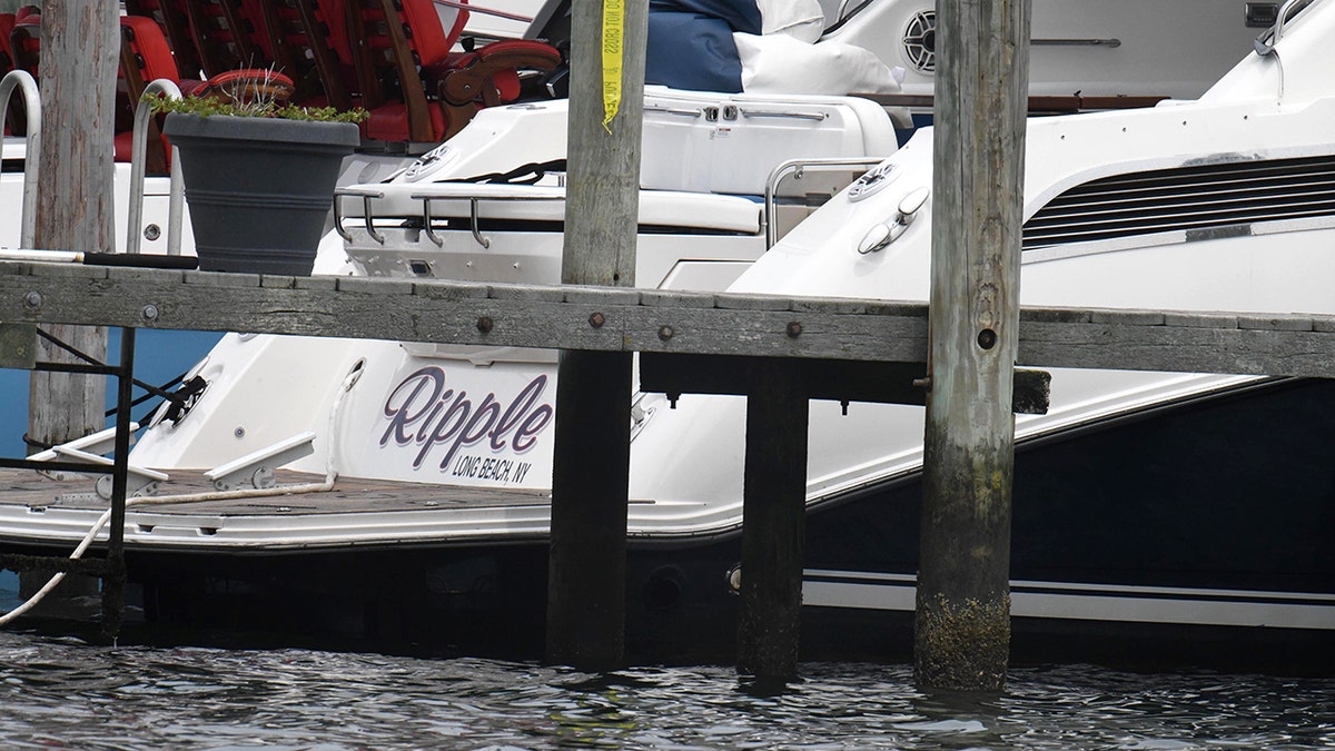 closeup of the stern of the Ripple, a 54-foot Sea Ray yacht at the dock at the Montauk Yacht Club