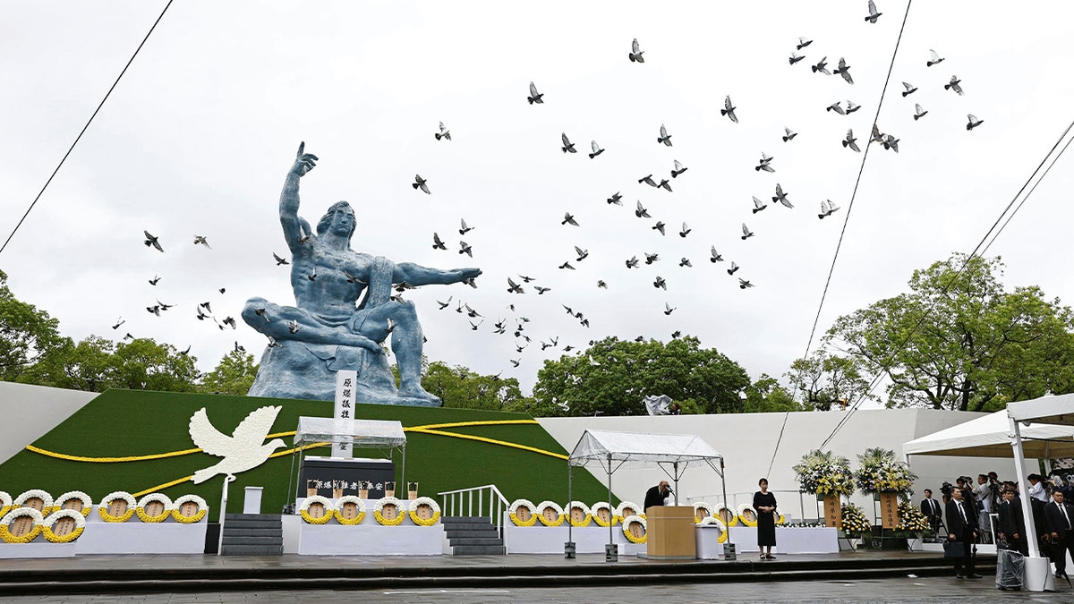 Doves released during a ceremony marking the 80th anniversary of the Nagasaki bombing