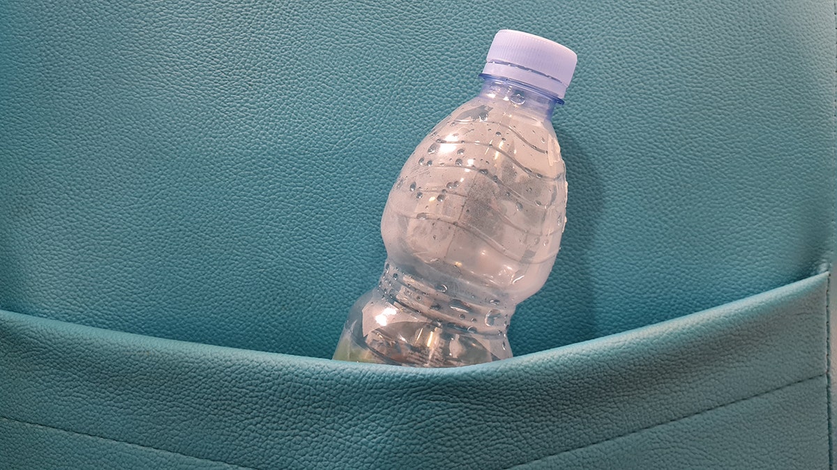 Partially drunk plastic water bottle in the rear storage compartment of the car seat